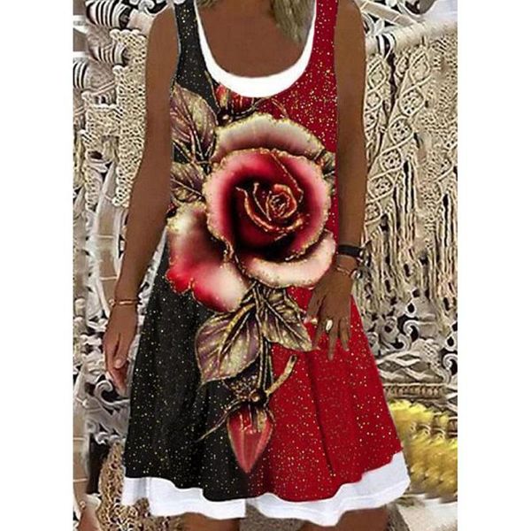 

casual dresses summer rose floral print dress women sleeveless fake two piece loose 2xl fashion splicing boho femme, Black;gray