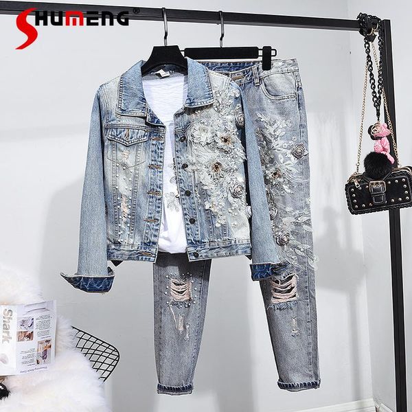 

women's two piece pants 2021 spring autumn european women beads embroidered denim set long-sleeved jacket broken holes two-piece outfit, White