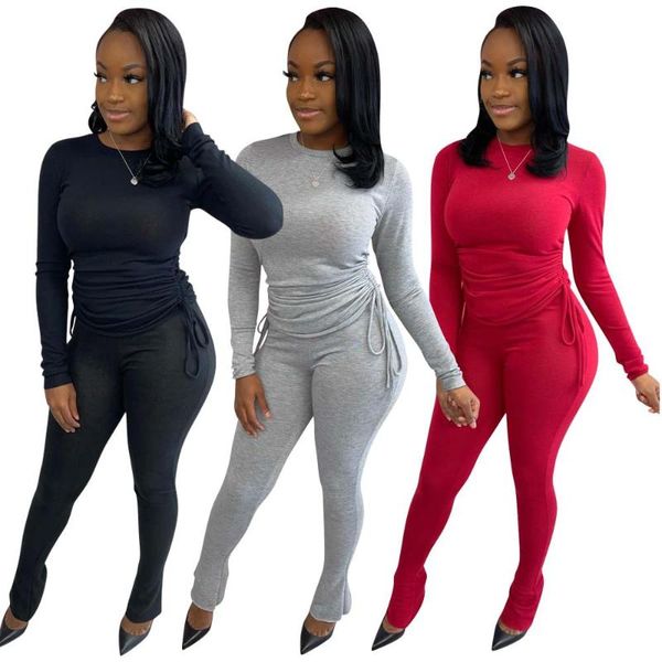 

women's two piece pants fall winter tracksuits set all matching sets round neck side drawstring skinny outfits 2022 arrivals s-2xl, White