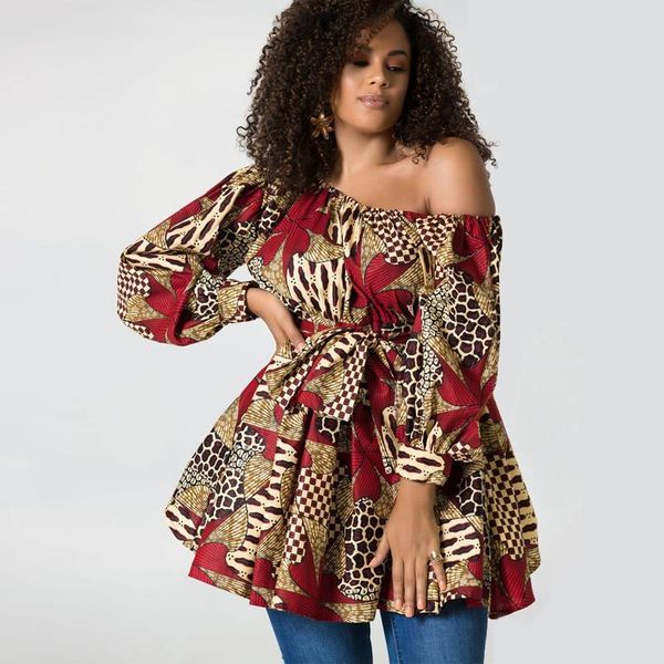 

ethnic clothing african women dresses autumn long sleeve tilting shoulder two wear dress dashiki print rich bazin maxi vestidos, Red