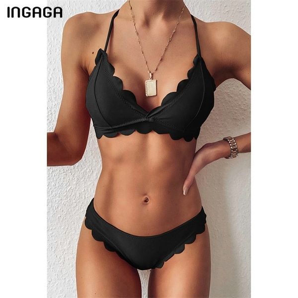 Ingaga Bikinis Preto Push Up Swimsuits Swimwear Mulheres String Halter Bathing Suit Lace Biquini Beachwear Bikini Set 210630