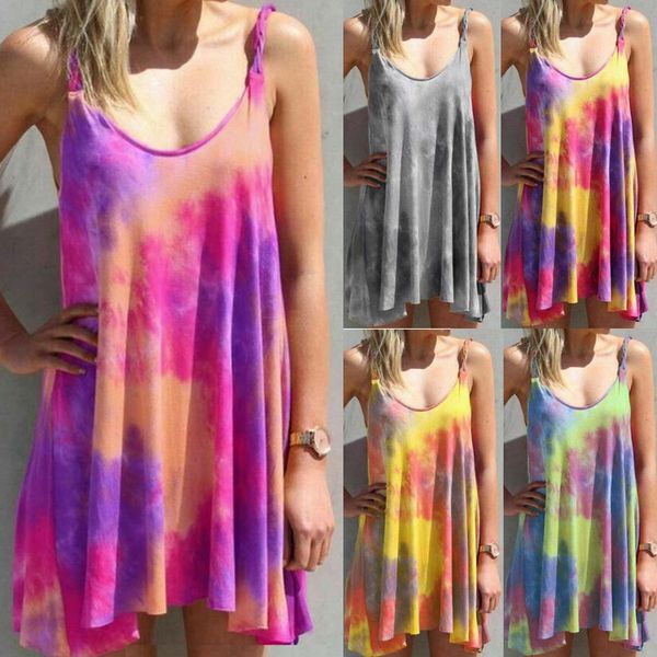 

plus size 5xl gradient colorful tie dye basic mini dress summer loose beach strap rainbow print short vestidos 210520, Black;gray