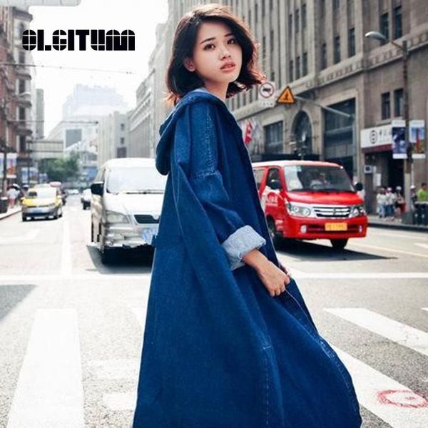 

women's trench coats 2021 autumn european and american bf casual loose long demin coat hooded denim windbreaker jacket, Tan;black
