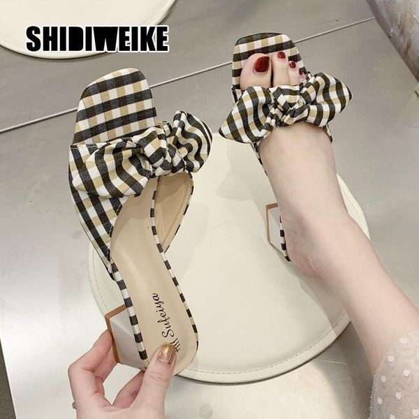 

women's shoes slippers outdoor 2021 summer bow gingham open toe thick heel fashion medium vc059, Black