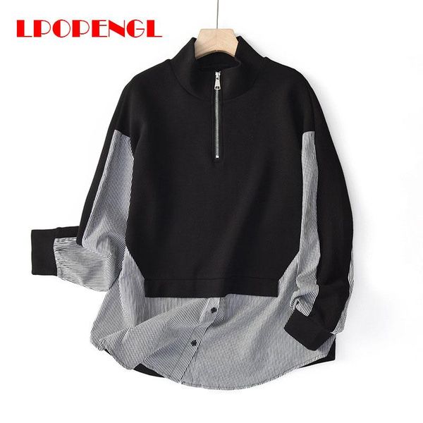 

women's hoodies & sweatshirts spring autumn ladies pullover sweatshirt 2021 fashion all-match long-sleeved stitching street style zippe, Black