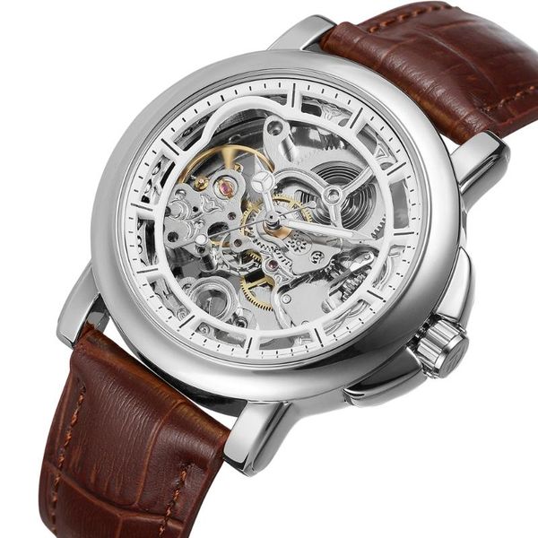 

wristwatches forsining casual steampunk men's carving skeleton auto mechanical watches gift box ship, Slivery;brown