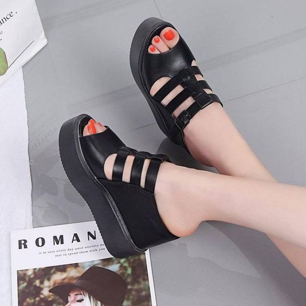 

women's sandals, thick-soled inner heightening, high heels, fashion slippers, platform slippers sandals, Black