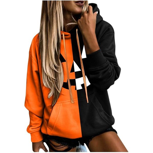 

halloween women's hoodie pattern sweatshirt color block orange and black patchwork long sleeve pumpkin skull print pullover