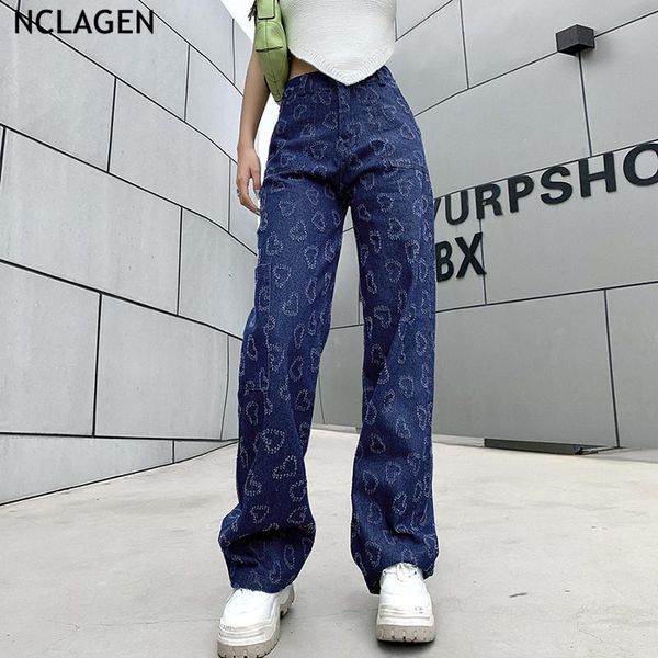 

chic ripped heart pattern women empire waist denim pants wide leg jeans aesthetic omighty vintage hip hop casual capris women's, Blue