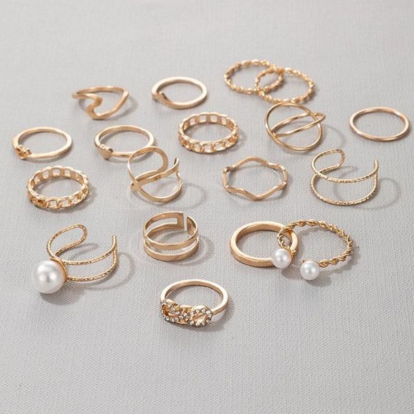 

19pcs/set bohemian vintage finger rings kits punk pearl geometry korean women jewelry female party gifts masculino 2021 earrings & necklace, Silver