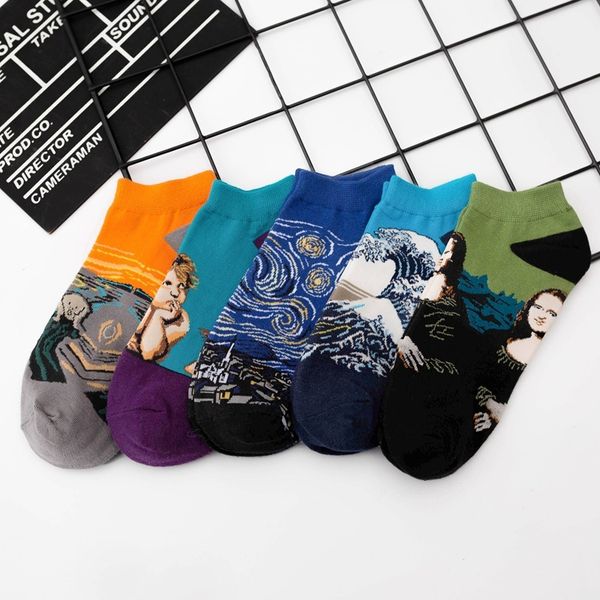 

socks all cotton boat literature and art oil painting trendy men's women's summer shallow mouth mona lisa, Black;white
