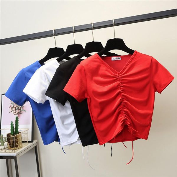 

women's t-shirt t-shirts women short sleeve front string shirt, White