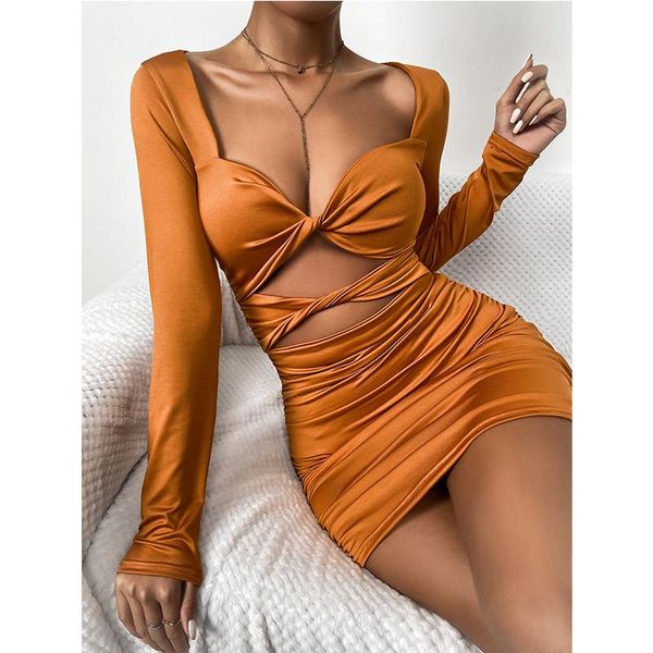 

casual dresses 2021 black long sleeve bodycon dress hollow out mini autumn winter red bandage v neck y2k women party, Black;gray