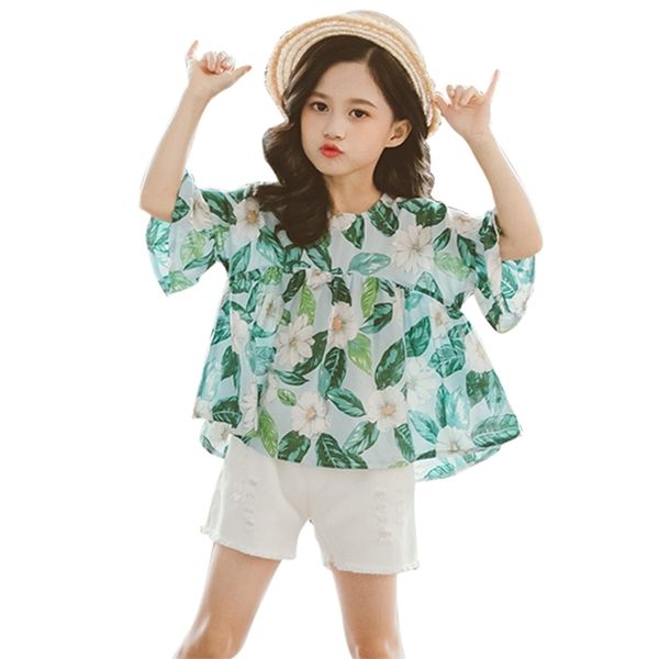 

kids clothes girls floral tshirt + short children's for summer casual style tracksuit 210527, White