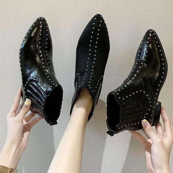 

boots pointed toe rivets punk women suede leather studded short winter booties pleated elastic band ankle botas mujerns30, Black