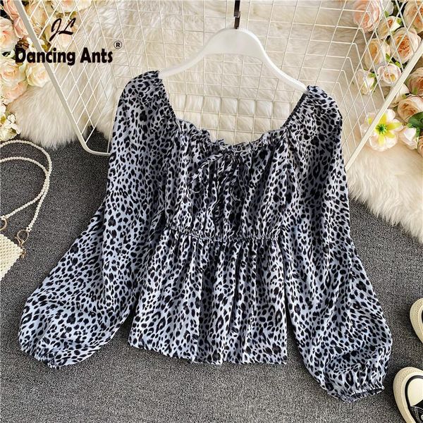 

women's blouses & shirts women leopard square collar long puff sleeve high waist chiffon korean slim fashion autumn female vintage blou, White
