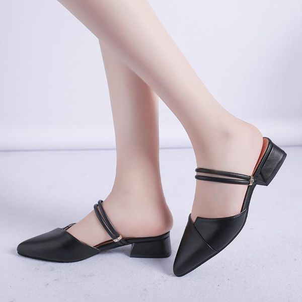 

summer shoes women's pointed square high heel sandals fashion non-slip leather casual slippers zapatos de mujer, Black