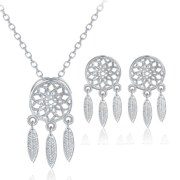 

earrings & necklace korean style feather dreamcatcher jewelry sets pendant for women gift, Silver