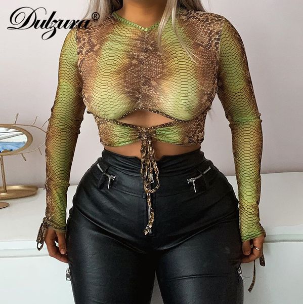 

snake print hollow out dstring ruched tshirt crop long sleeve bodycon streetwear 2021 autumn winter women, Black;white