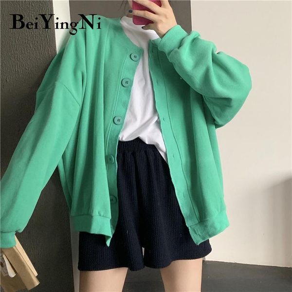 

beiyingni all-match single-breasted loose female jacket hoodies cardigan solid casual jackets womens simple warm coats ladies, Black;brown