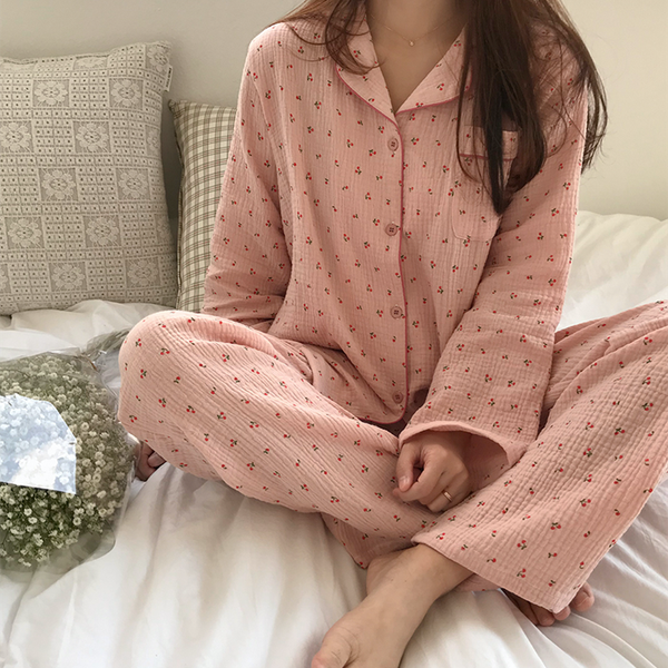 

cotton linen sleepwear set sweet cute cherry print pajamas vintage kawaii notched pocket home suit shirt+trousers button s890, Black;red