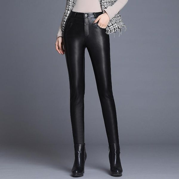 

women's pants & capris women pu leather high waist ladies warm elastic stretch faux pencil female black skinny long trousers, Black;white