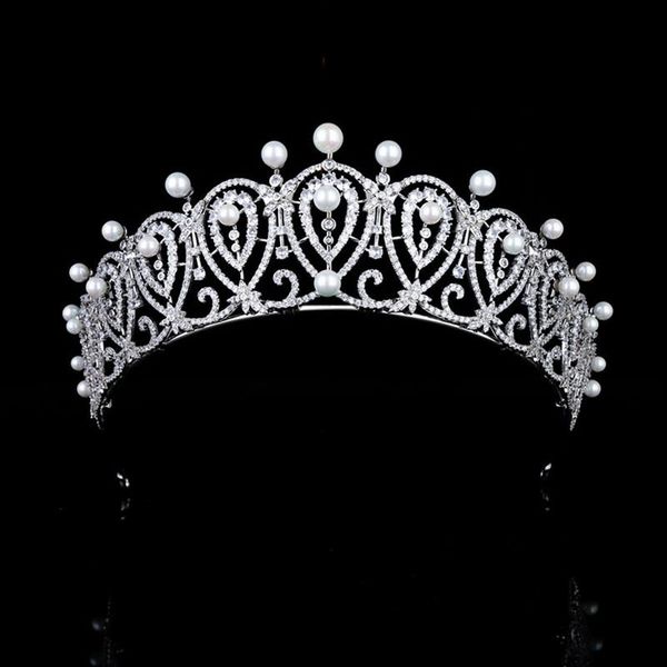 

hair clips & barrettes luxury wedding pearl zircon bridal crown micro inlaid cz bride tiaras headdress jewelry hq0323, Golden;silver