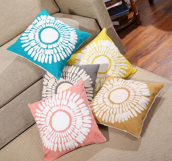 

cushion/decorative pillow emboridered cushion cover sun grey pink yellow blue canvas cotton suqare embroidery 45x45cm home car decor