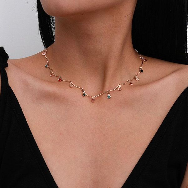 

simple temperament colorful crystal beads charms choker necklace women vintage geometric clavicle chocker jewelry gift chokers, Golden;silver