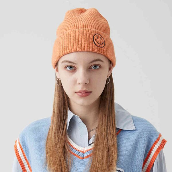 

hat [knit hat]embroidered smiling face solid color lovely versatile street autumn and winter warm hat, Blue;gray