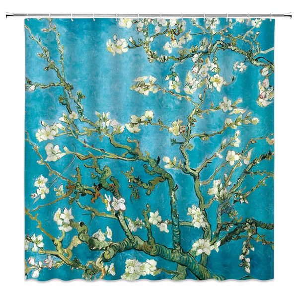 

van gogh artistic materpiece apricot blossom shower curtain oil painting decor,fabric bathroom set with hooks 70x70 inch,cyan