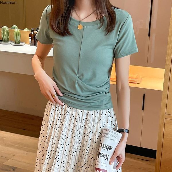 

houthion short-sleeved women's t-shirt o-collar cotton solid color slim fit comfortable fashion casual summer t shirt, White