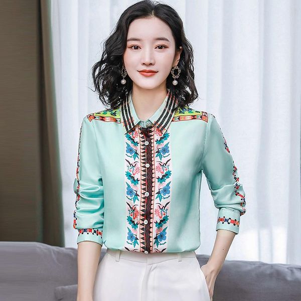 

women's blouses & shirts tingyili retro floral mint for women elegant office ladies long sleeve satin shirt korean style plus size boh, White