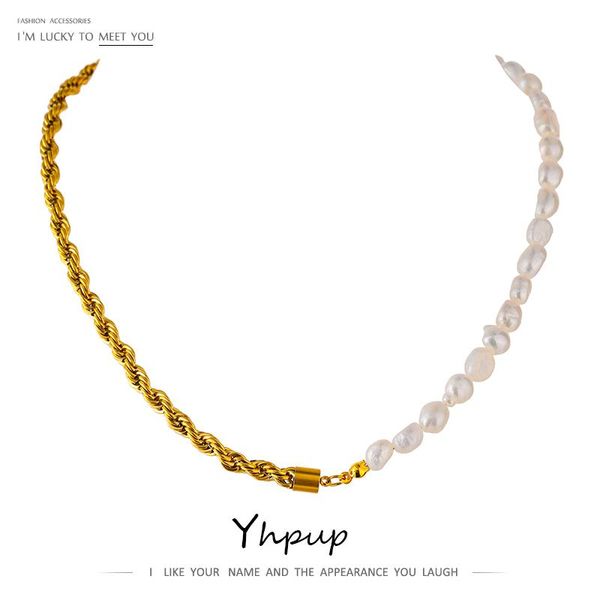 

chokers yhpup stainless steel collar necklace luxury natural pearl chain 18 k metal gold accessories jewelry gift 2021, Golden;silver