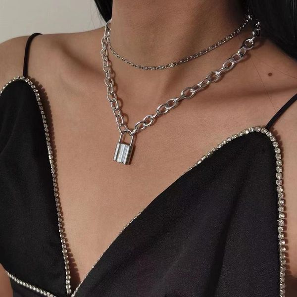 

pendant necklaces hip hop rock style 2pcs / set padlock necklace thick chain women's gift jewelry for men, Silver