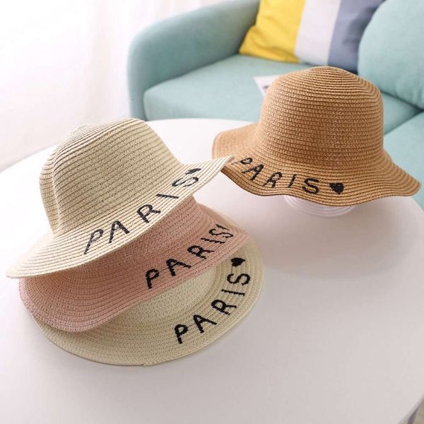 

summer ribbon bow parent-child straw hat korean embroidered letter sun seaside big edge sun beach, Yellow
