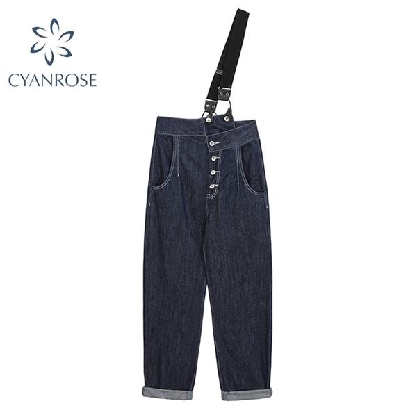 

jeans women denim harem pants streetwear casual vintage design button pockets decor high waist shoulder straps trousers 210515, Blue