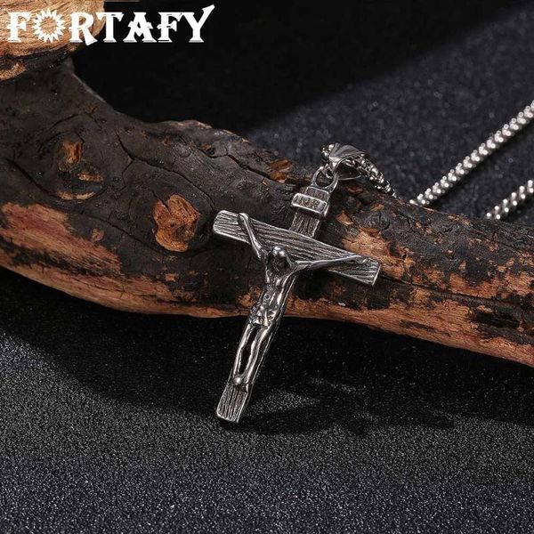 

pendant necklaces fortafy jesus christ men jewelry stainless steel cross with neck chain for male gift frgl0010, Silver