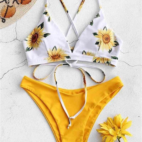 

print sunflower 2021bikini swimsuit bikini, Black;white