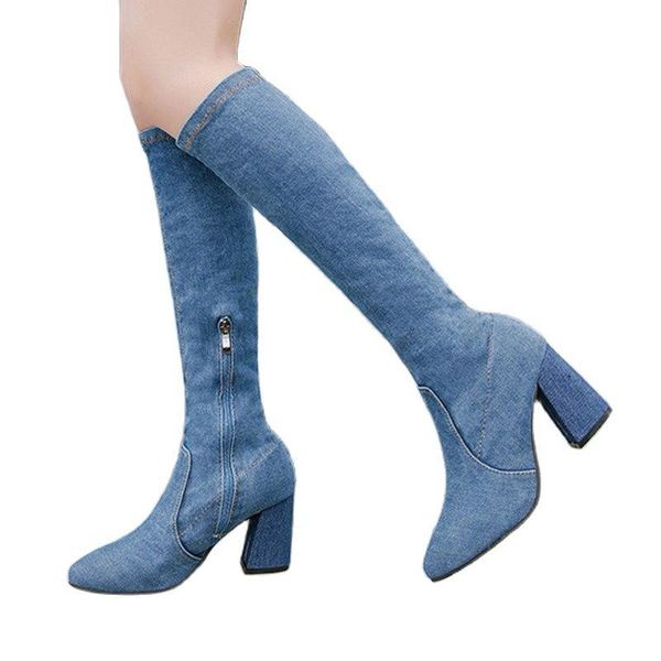 

boots women jean elasticity autumn winter antiskid female lady long shoes thigh high over knee were thin thick-heeled boot 35-40, Black