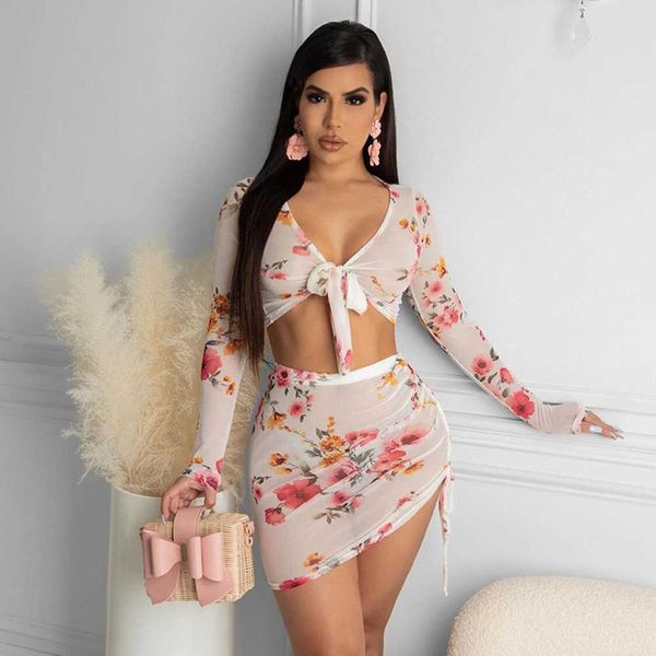 

woman dress v-neck long sleeve print floral two piece set for night club evening party perspective mesh summer women set 210712, Gray