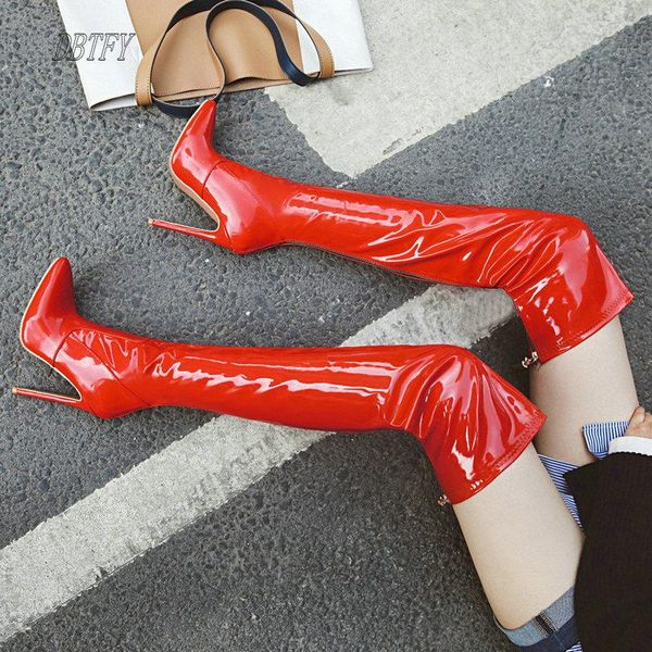 

boots thigh high women heels over the knee ladies thin bottom pointed back zipper white red fetish winter, Black