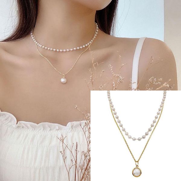 

double layer necklace gift choker gold silver color pendant pearls chain clavicle women fashion jewelry chokers, Golden;silver