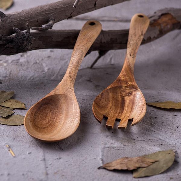 

spoons long handle spoon fork salad cooking set unpainted mixing solid wood