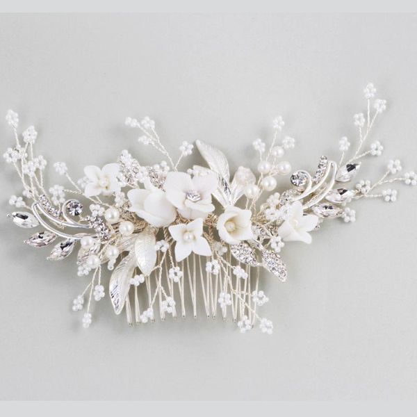 Clipes de cabelo Barrettes Crystal and Rhinestone Bridal Pente Cerâmica Capacete Floral Capacete 2021 Acessórios artesanais para noivas