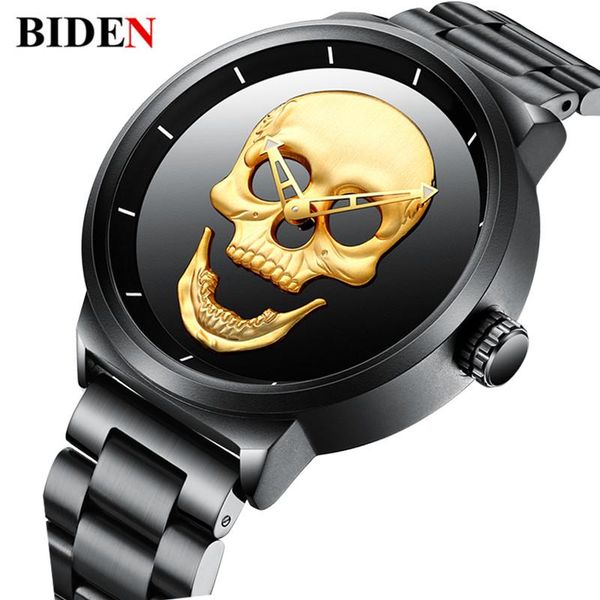 

brand biden luxury mens watch golden skull punk stylish men's stainless steel waterproof sport quartz wristwatch gifts wristwatches, Slivery;brown