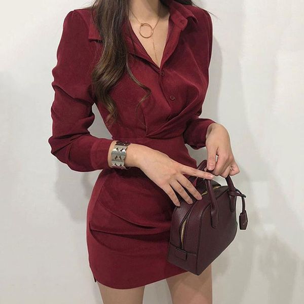 

casual dresses spring autumn women's temperament elegant dress korea chic lapel single-breasted waist slimming hip shirt skirt, Black;gray