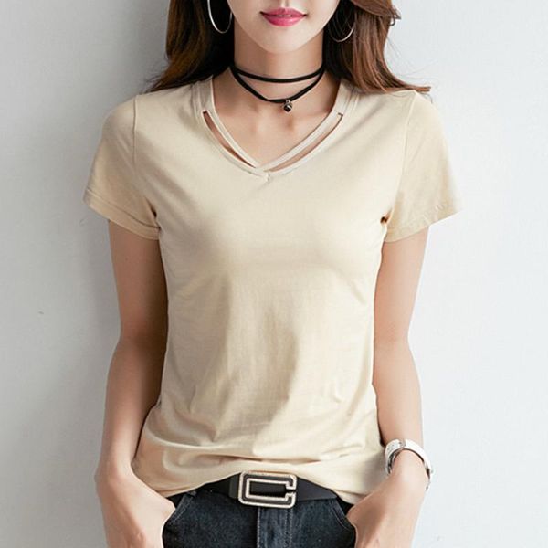 

women's t-shirt summer women apricot brand cotton slim stretch t shirts 2021 female v-neck short sleeve tshirts casual simple solid, White