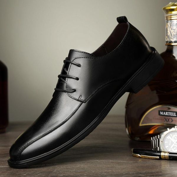 

fashion round toe business dress shoes men wedding genuine leather oxford lace up formal for, Black
