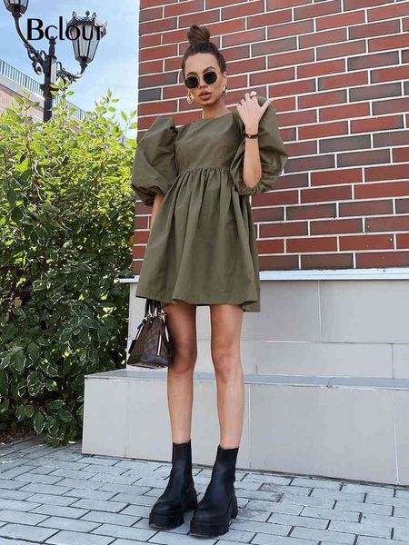 

bclout green vintage puff sleeve women dress elegant high waist a-line es o neck summer short 2021 vestido, Black;gray